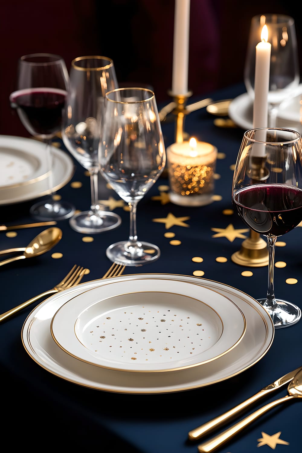 A beautifully set dining table displaying an array of six white plates enhanced by gold rims, 12 silver flatware pieces, and six elegant crystal wine glasses filled with red wine. A striking centerpiece of three tall, white candles is presented in gold holders with little golden confetti pieces scattered nearby. The tablecloth used is deep navy blue, creating a striking contrast against a softly blurred background of burgundy tones.