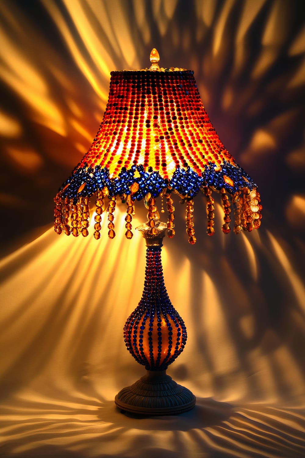 A beaded lamp with a colorful lampshade made of ruby red, amber, and cobalt blue beads. The soft light shining through the beads casts intricate shadows on the surrounding surfaces. The base of the lamp is also adorned with matching beads, continuing the vibrant color scheme. The overall room is dim, making the lamp the focal point.