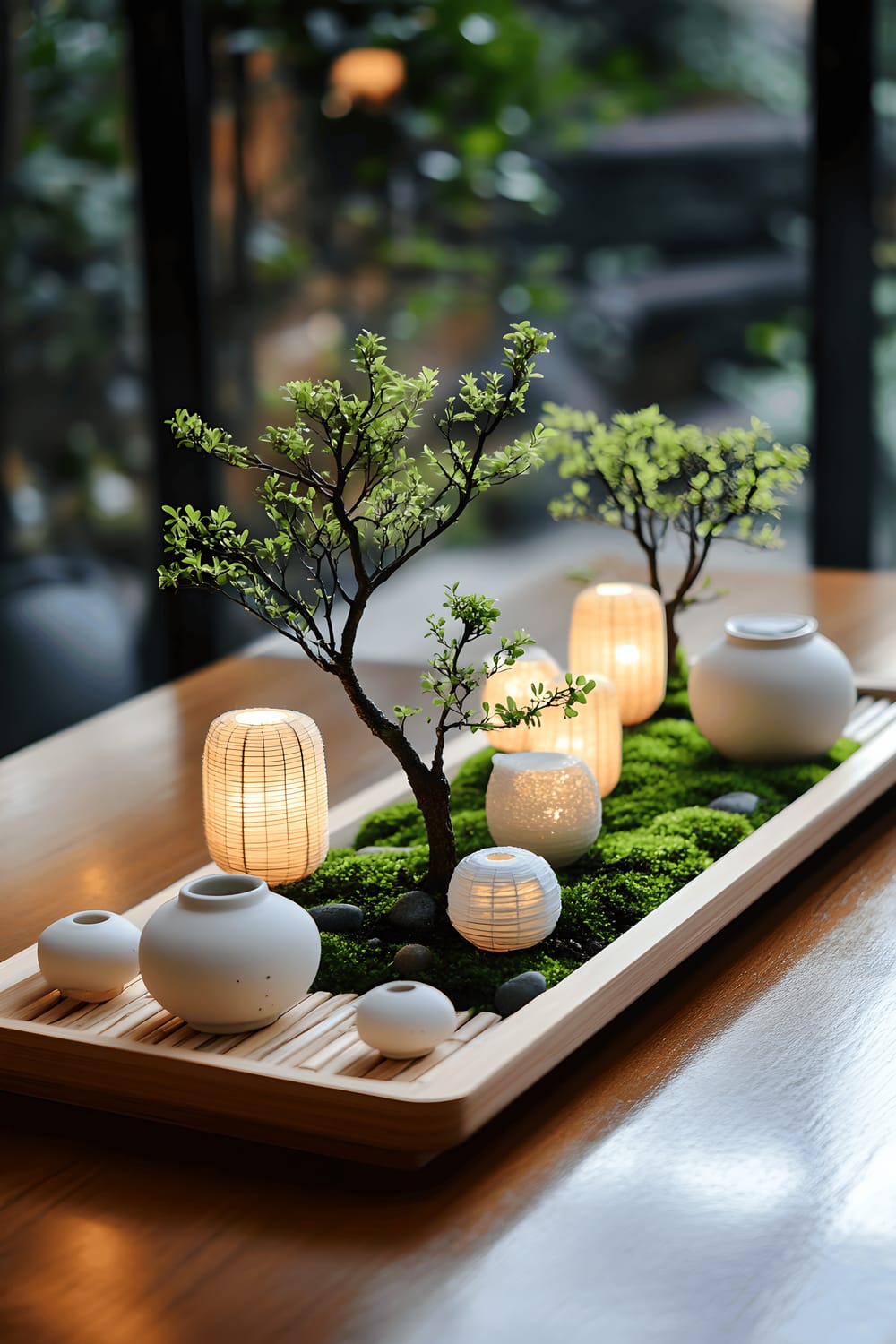 A serene and harmonious Japandi-inspired centerpiece arrangement on a dark wooden surface. The centerpiece includes a pale wood tray housing white miniature bonsai trees, petite moss patches, small ceramic lanterns, bamboo slices, and tiny pebbles. A stark, light-colored simple runner forms the backdrop of the tray. The ambience is enhanced by gentle natural light, casting a soft glow over the tranquil setting.