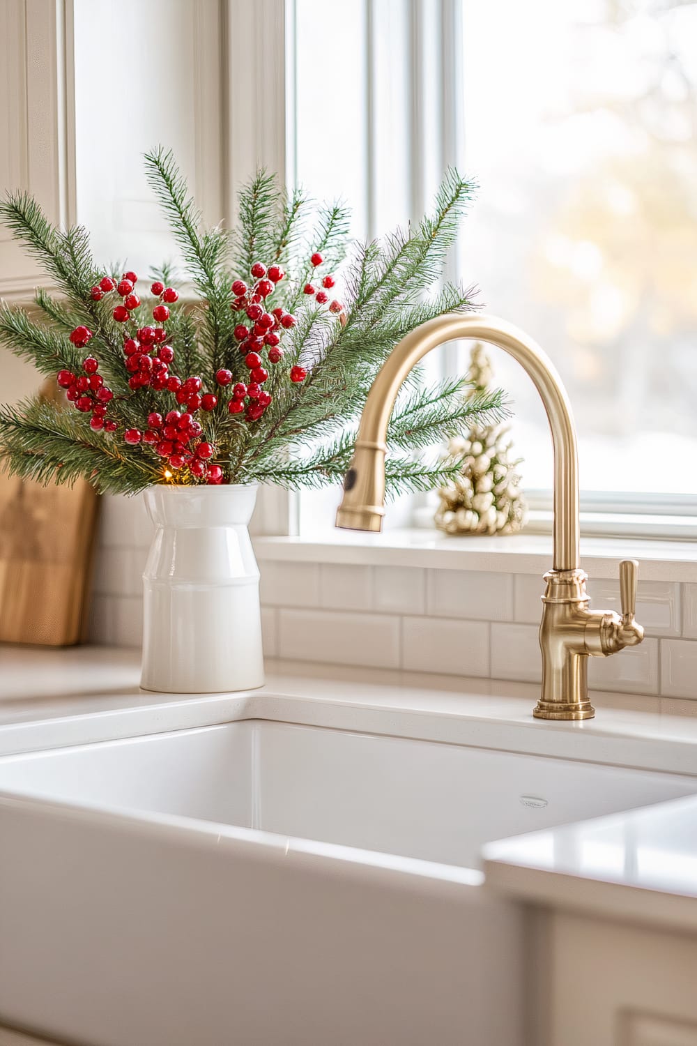 A modern farmhouse kitchen featuring a large white farmhouse-style sink with a gold faucet. Behind the faucet, a white vase holds a festive arrangement of red berries and evergreen sprigs. A gold-dipped pinecone is visible in the background on the windowsill. The backdrop includes white subway tiles and wooden cabinetry, bathed in soft, natural light.