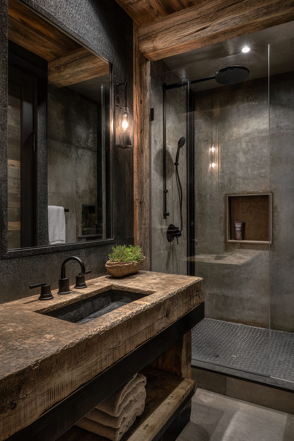 This image features a sophisticated, rustic-modern bathroom interior. The focal point is a robust wooden sink vanity with a rough-hewn countertop, metal faucet, and an integrated concrete sink. Above the countertop, a rectangular mirror hangs on a rough-textured wall. A glass-enclosed shower area with a rain showerhead and handheld showerhead sits adjacent. The lighting is warm and ambient, including an exposed bulb fixture encased in a glass cover mounted beside the mirror. A small bowl with green plants sits on the counter, and neatly folded beige towels are stored on the shelf beneath.