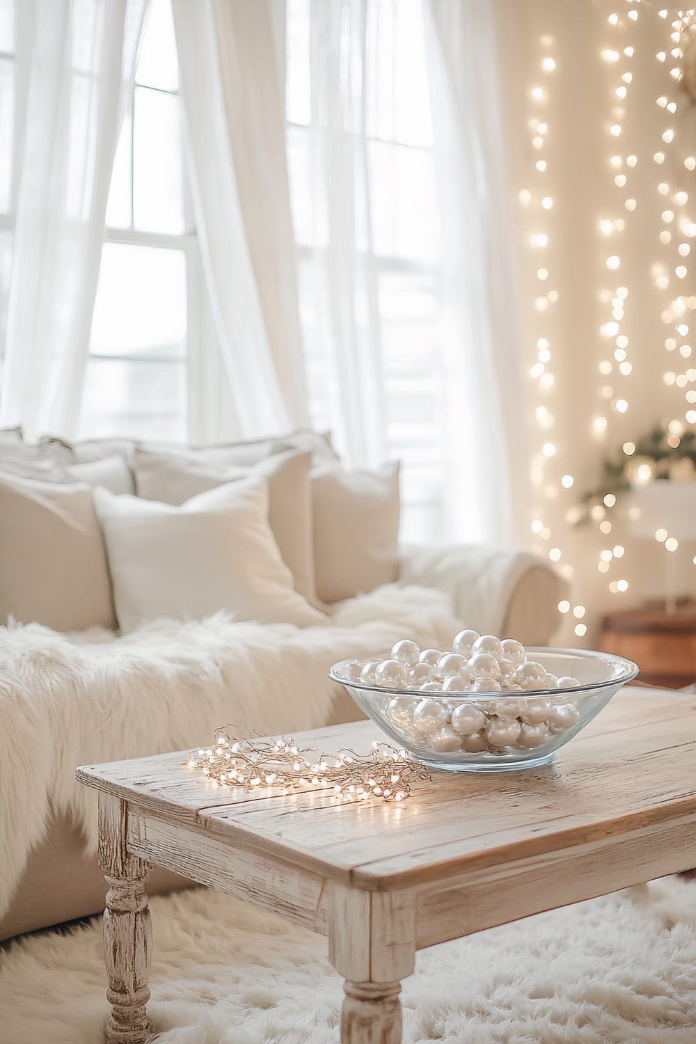 A living room scene featuring a shabby chic wooden coffee table with a glass bowl of white ornaments and string fairy lights. The background includes a plush, white fur-covered sofa with white and beige pillows. Sheer curtains drape over large windows, and soft, warm string lights are arranged along a wall, adding a gentle glow to the room.