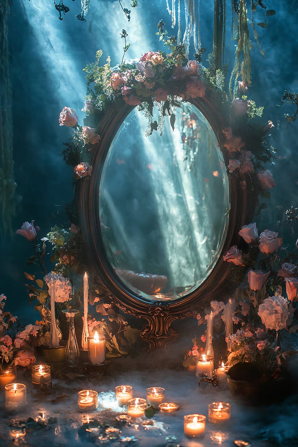 An elegant mirror encircled by blooming flowers reflects ethereal light beams in a mystical scene. The surround features floating candles of various heights, casting a warm, flickering glow. Delicate flowers and creeping vines create a magical, enchanted atmosphere reminiscent of a Halloween display.