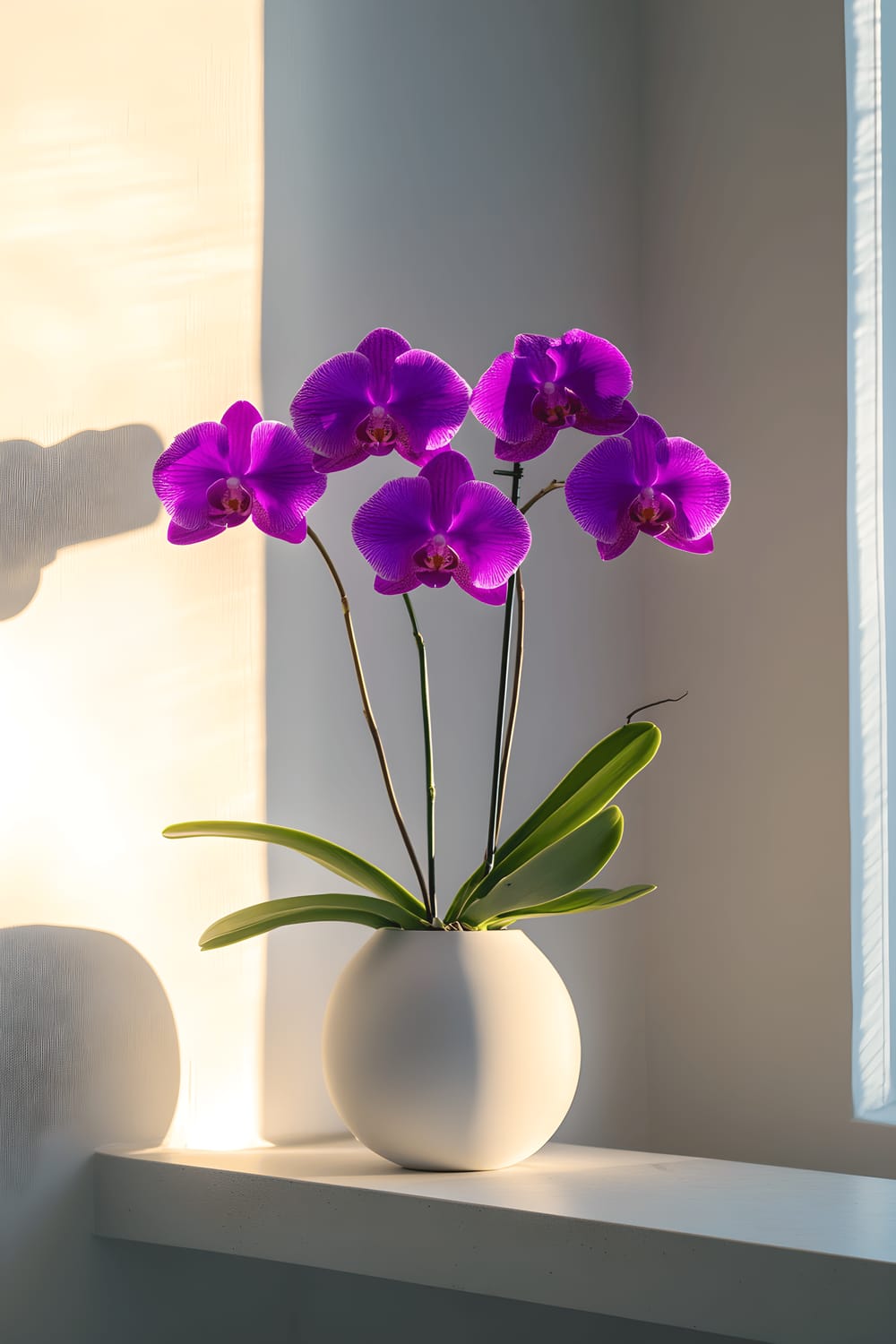 A picture of a stylish matte white vase with three stunning, vibrant purple orchids placed on a modern, light gray mantel. The still life arrangement is bathed in soft, warm golden hour sunlight coming from a nearby window, highlighting the color intensity of the flowers.