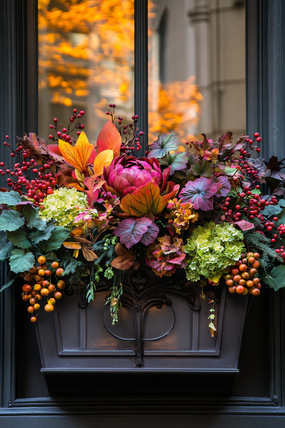 A black metal window box filled with an assortment of vibrant autumnal flowers and foliage. The arrangement includes large red peonies, orange and yellow leaves, green hydrangeas, clusters of small orange berries, and red berries. The background features a blurred view of a building with trees sporting bright fall colors.