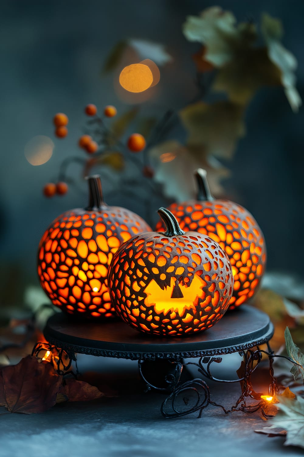 Three small pumpkins, intricately carved with perforated patterns and a jack-o'-lantern face, are lit from within, emitting a warm glow. They are placed on a simple, dark, elevated stand, surrounded by autumn leaves and berries against a dark, softly illuminated background.