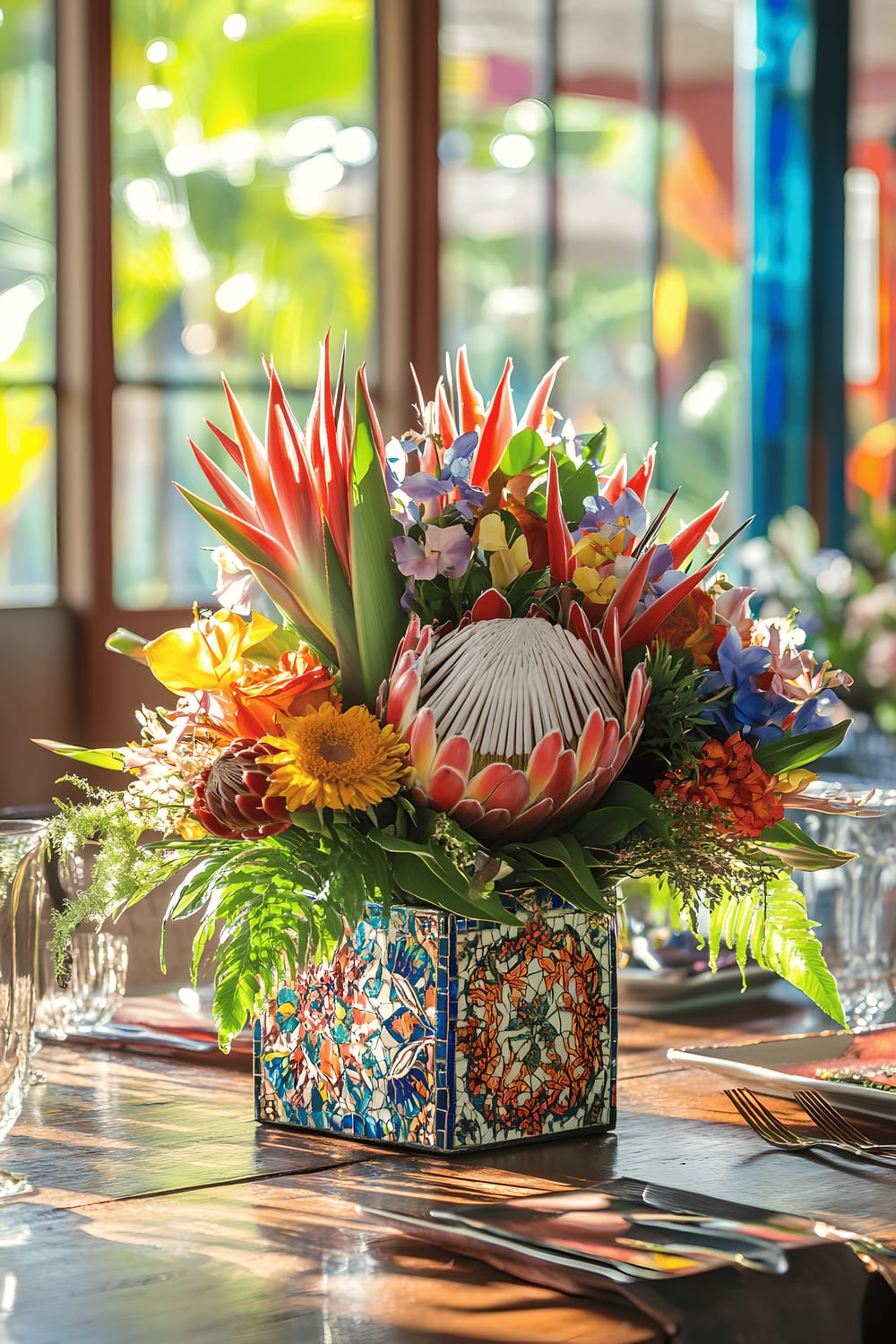 A rustic wooden table featuring a vibrant centerpiece of tropical flowers like bird of paradise and protea, arranged on a mosaic mirror base with hand-painted floral designs. The mirror reflects the bold colors of the flowers, enhancing their vibrancy. The setting is whimsical with eclectic decor and the area is dappled with light filtering through colorful stained glass windows.