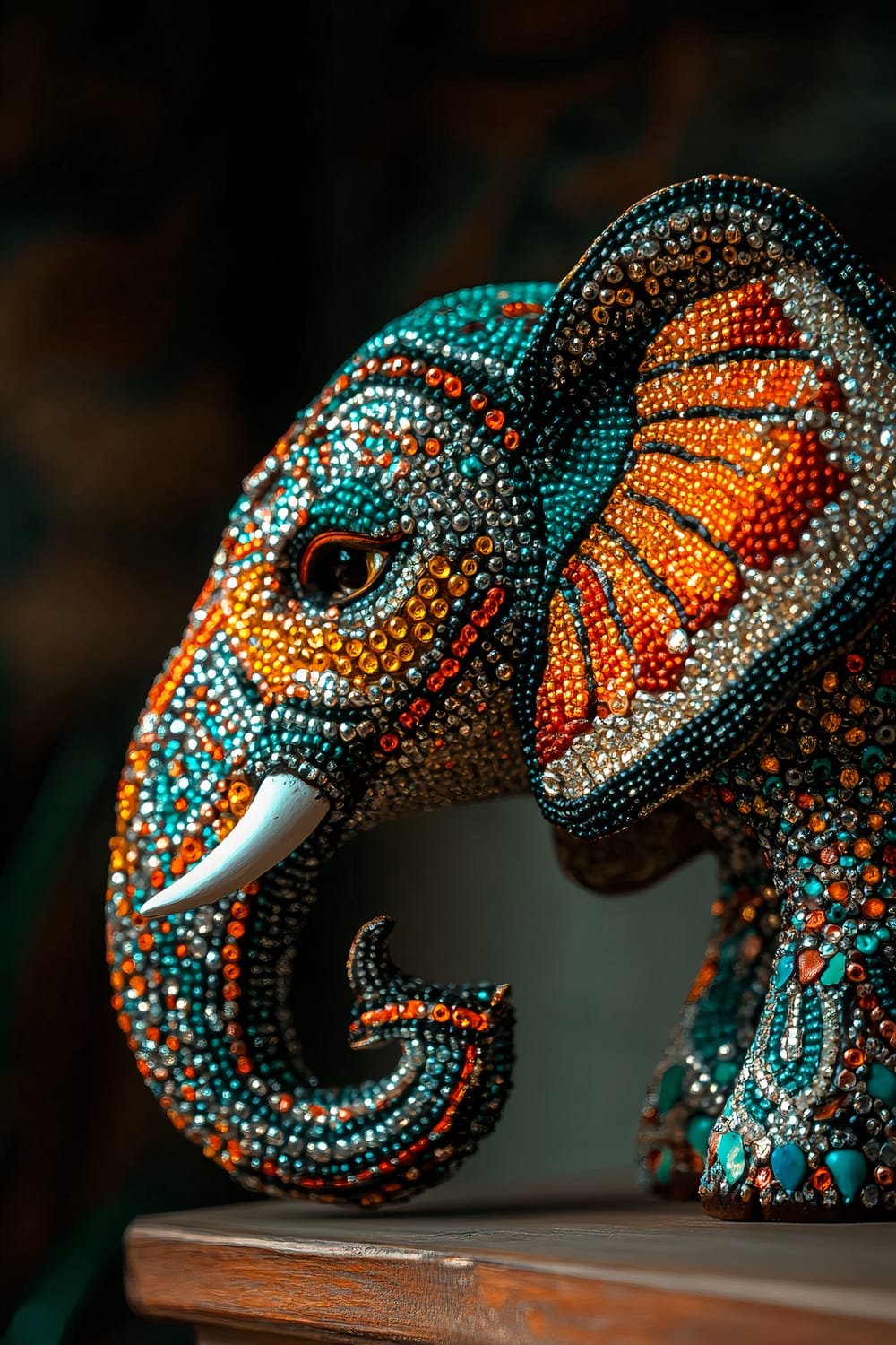 A close-up image of a handcrafted antique Indian elephant figurine in profile, adorned with detailed beadwork in vibrant shades of orange, gold, and teal. The figurine features ornate patterns and a calm expression, with intricate designs crafted from beads that catch the light, making the elephant glow softly. It is placed on a minimalist wooden shelf, set against a dark, blurred background, with ambient lighting highlighting the beauty and craftsmanship of the figurine.