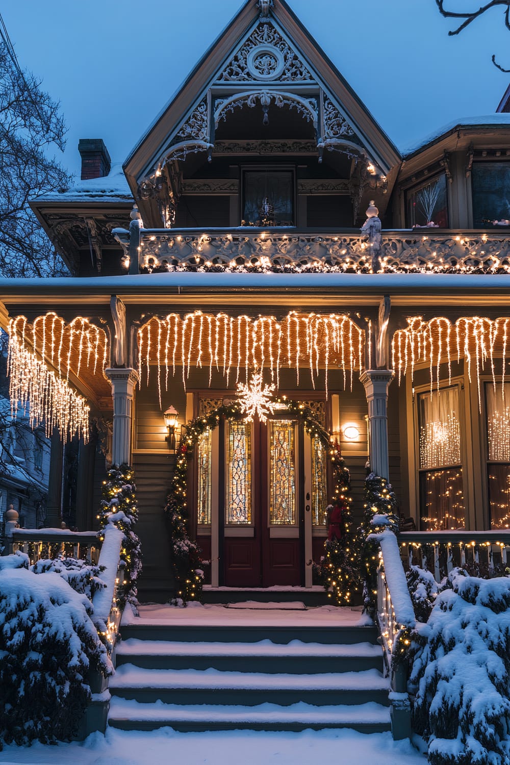 A Victorian-style house is adorned with intricate Christmas decorations. The porch, covered in fresh snow, features hanging icicle lights and a large illuminated snowflake above the front door. The door is framed by festive garlands and flanked by two twin columns wrapped with fairy lights. The balcony showcases elaborate railings with additional lights, blending into the wintry setting.