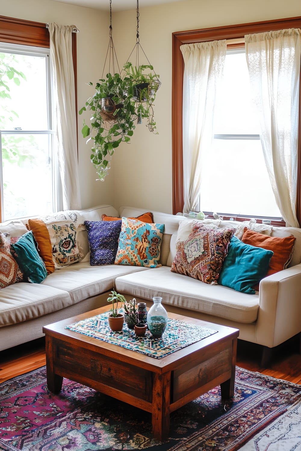 A small living room with a bohemian style, featuring detailed decorations such as patterned cushions, a reclaimed wood coffee table with mosaic inlays, a Moroccan rug, hanging ivy plants, mixed metallic and wood decor, and a corner window letting in natural light through sheer curtains. The room features vibrant colors on a predominant neutral background.