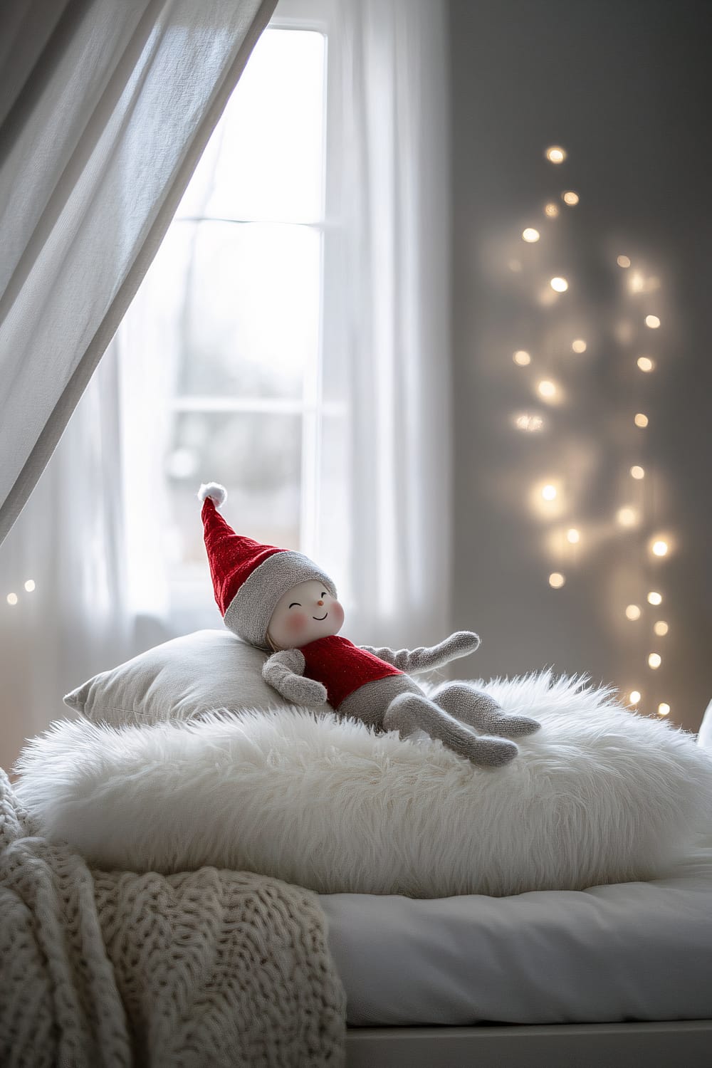 An elf doll with a red hat and outfit, lying on a fluffy white pillow, in a light gray children's bedroom. The room is softly lit with fairy lights on the wall and a window with sheer curtains letting in some natural light. The bed is made with a knitted blanket and layered cushions.