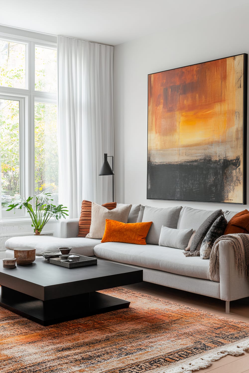 A contemporary living room with a large, light gray sectional sofa adorned with a mix of throw pillows in bright orange, beige, and dark gray. Above the sofa is a large abstract painting featuring warm orange, yellow, and black tones. Next to the sectional is a sleek black floor lamp and a potted green plant. The large window in the background is dressed with sheer white curtains. In front of the sofa, a black modern coffee table holds several decorative items. An orange, beige, and dark gray woven rug anchors the space, adding warmth and texture.