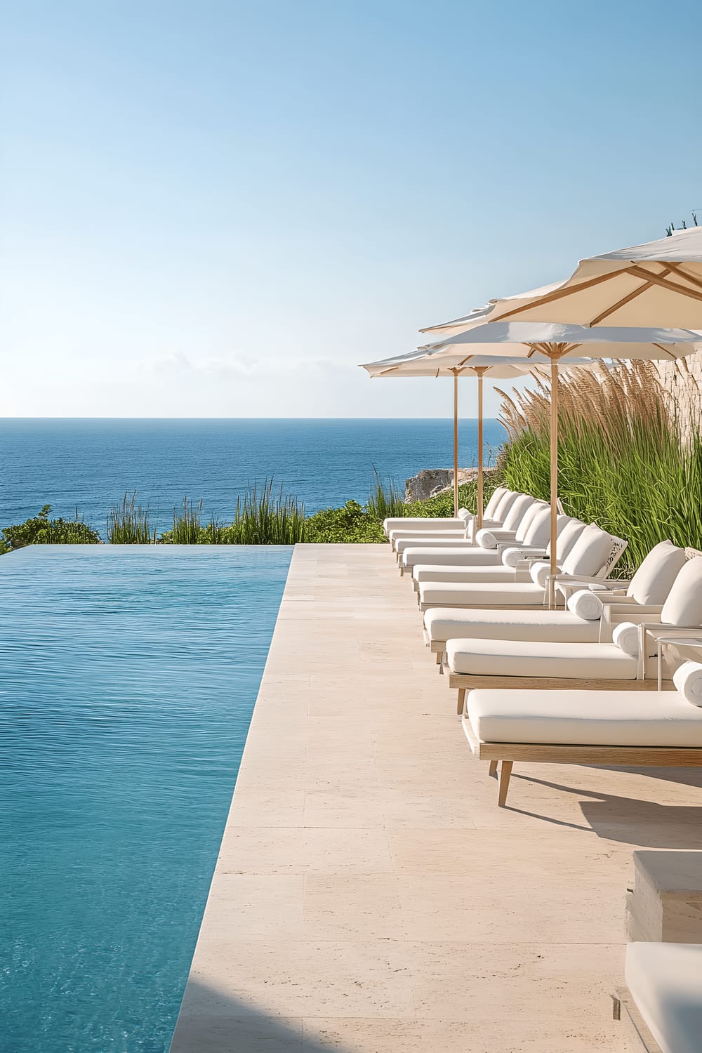 A serene coastal-inspired outdoor pool area features a line of pristine white lounge chairs on a light stone deck. Beige umbrellas offer shade, gently swaying in the breeze above the chairs. An infinity pool stretches into the distance, seamlessly merging with the vast ocean view beyond. The natural setting is accentuated with tall beach grasses and scattered driftwood accents, creating an inviting and tranquil seaside aesthetic.