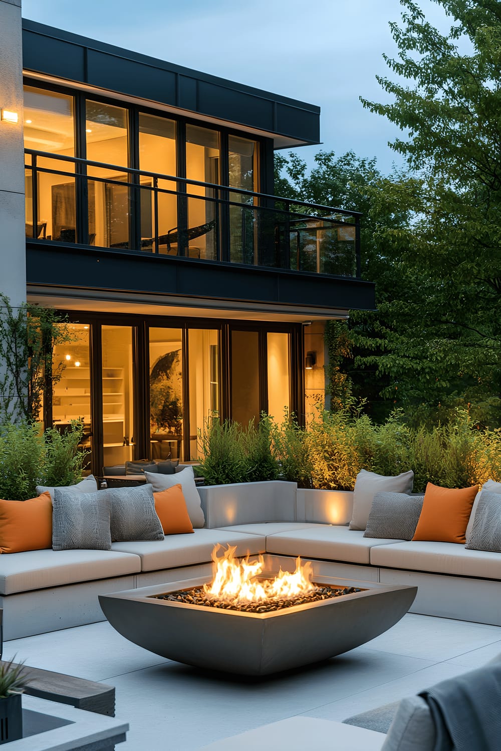 A modern outdoor lounge area during the evening features low-rise neutral-toned furniture arranged around a contemporary fire bowl. The seating is accentuated with vibrant pillows. Minimalistic potted plants and geometric planters provide a touch of nature, while ambient LED lighting emphasizes the clean, modern design of the area.