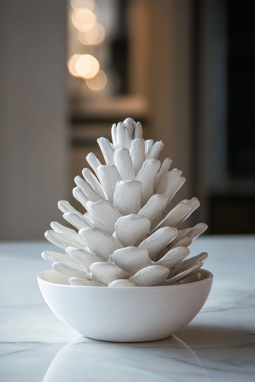 A white ceramic pinecone centerpiece placed in a matching white bowl sits on a shaker-style farmhouse dining table. The pinecone's detailing is intricate, and the ambient lighting from above accentuates its elegant simplicity.