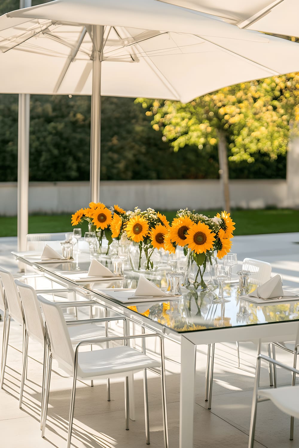 A sunlit outdoor dining area featuring a clear glass-top table surrounded by four white modernist chairs. A centerpiece of vibrant sunflowers in geometric ceramic vases adorns the table, and two large white umbrellas provide shade. The space is embellished with clean, geometrical lines, with the aesthetics of simplicity and openness.