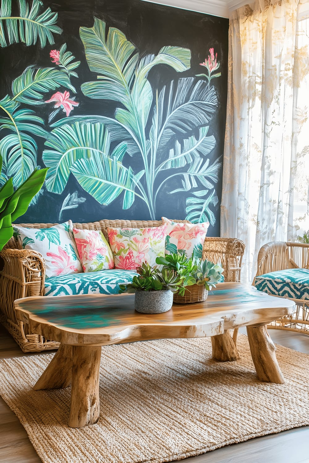 A lively, tropical jungle-themed living room highlighted by a large chalkboard wall where bright green and turquoise chalk drawings of palm leaves and exotic flowers can be seen. The room features rattan furniture with colorful patterned cushions, abundance of indoor green plants, and a rugged wooden coffee table with a live edge. Filtered natural light accentuates the lush chalk art and diverse textures in this vibrant and inspiring space.