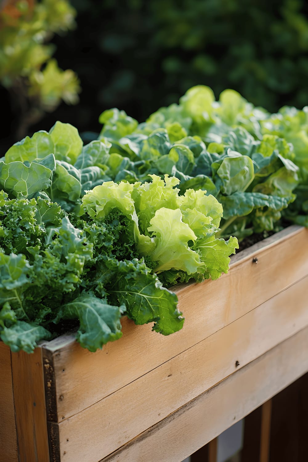 A reclaimed wooden planter box brimming with fresh butter lettuce, kale, and arugula, placed on a sunlit balcony.