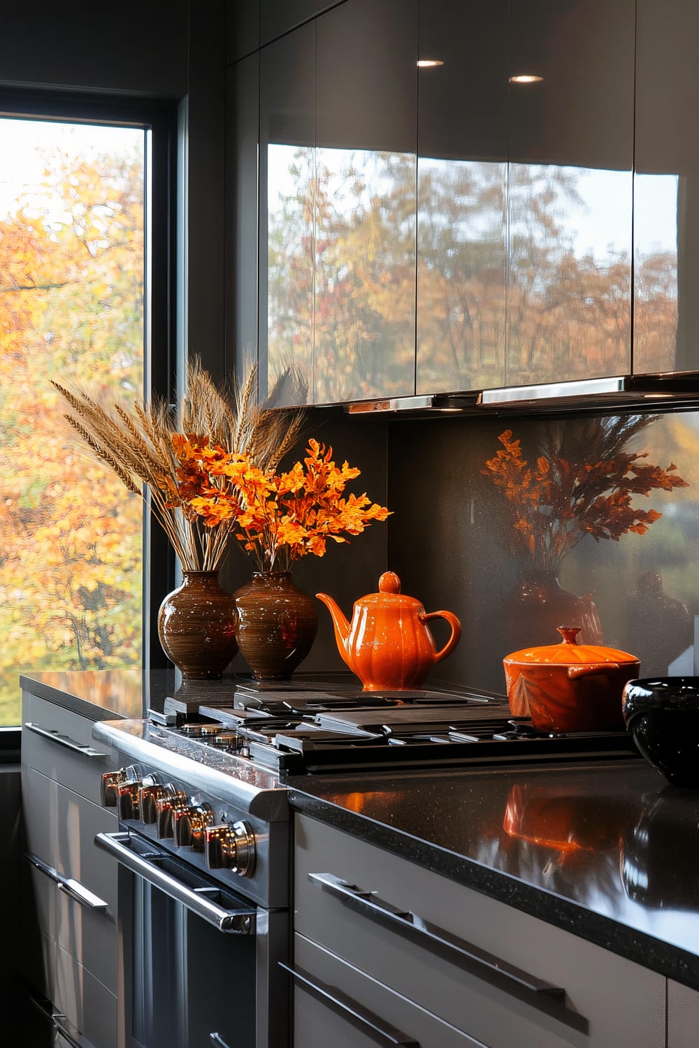 A modern kitchen with sleek, high-gloss grey cabinets and black countertops. On the countertop are two brown vases with arrangements of dried wheat and orange leaves, an orange teapot, a matching orange dutch oven, and a black bowl. The large window beside the stove reveals an autumn landscape with colorful foliage.