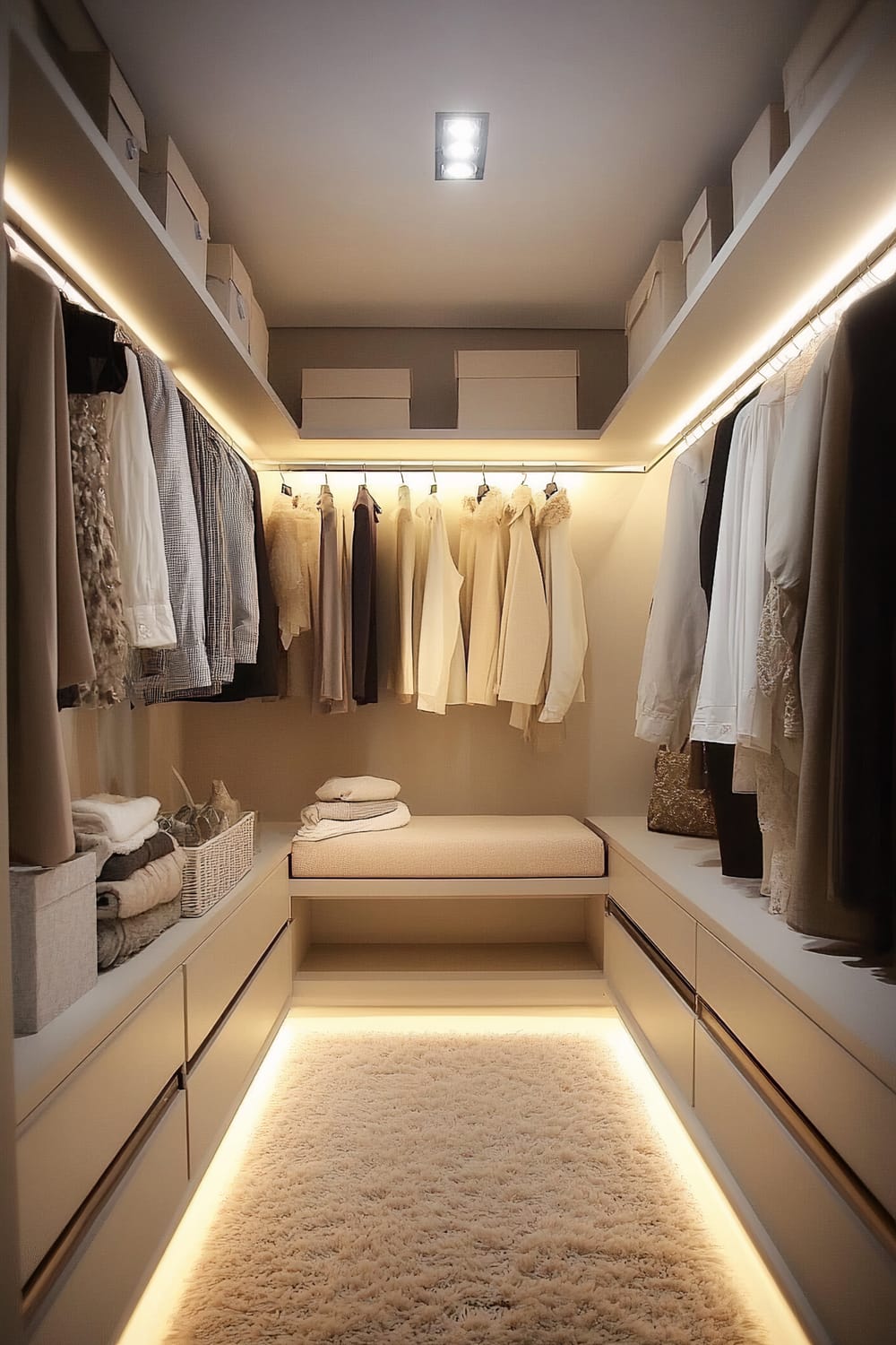 A sleek walk-in closet with white shelving and soft lighting. Clothes hang neatly on a central rod, and a small bench with a cushion sits in the center. The floor is covered with a light, textured rug, and decorative boxes are placed on upper shelves.