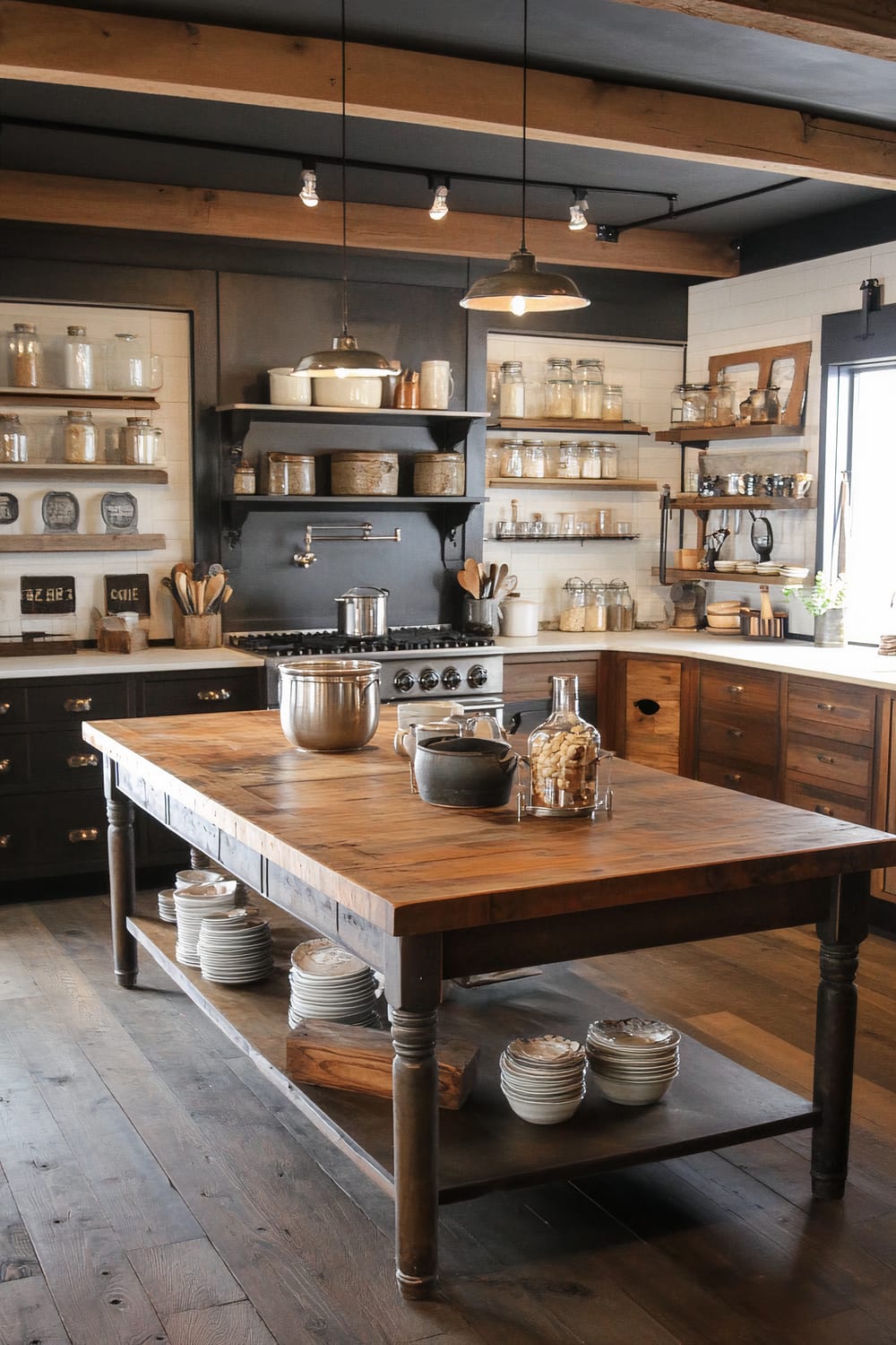 This kitchen features a central rustic wooden island table with a sturdy, thick top and ornate turned legs. On top of the table, there are kitchen items including a silver pot, teapots, and a glass jar filled with cookies. The lower shelf of the table neatly organizes stacks of white plates and bowls. Surrounding the island, the room exudes a farmhouse-style ambience with open shelving displaying glass jars filled with dry goods and other kitchen essentials. The cabinetry, finished in dark wood tones, contrasts with the bright white tiles of the backsplash. One wall features a stainless steel stove with a pot filler faucet and an exhaust hood, flanked by more storage and cooking implements. Above, industrial-style lighting hangs from a dark ceiling with exposed wood beams, accentuating the kitchen’s blend of rustic and industrial elements.