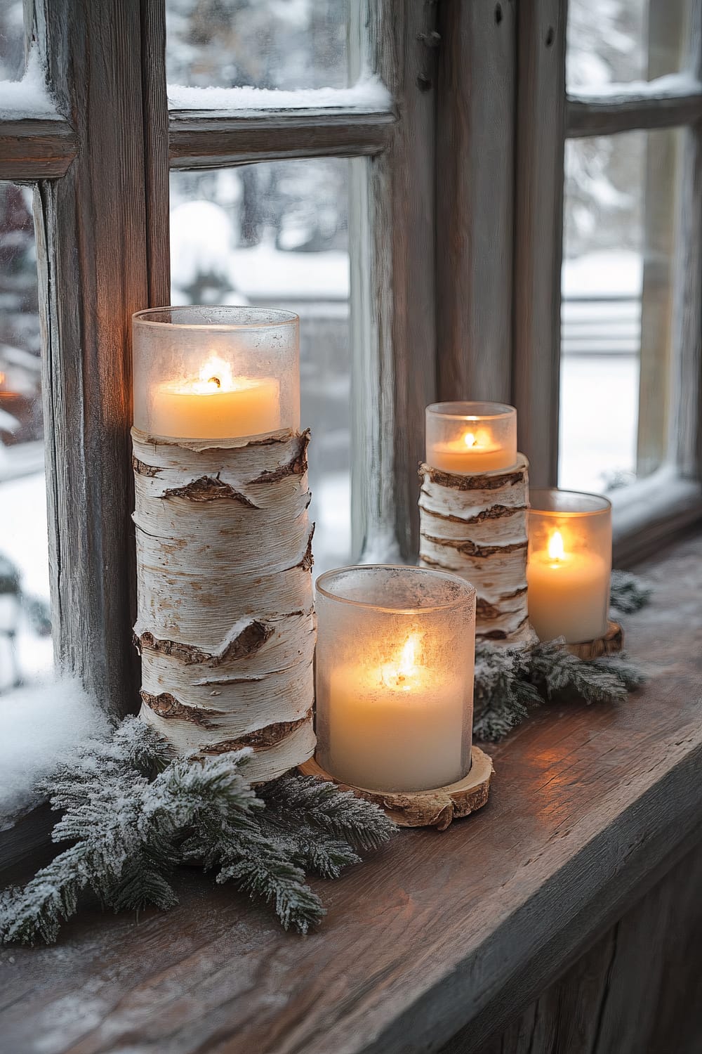 Four birch-wrapped candles are placed on a wooden windowsill covered with light snow and decorated with frosted evergreen branches. The candles softly illuminate the rustic and snowy scene outside the window.