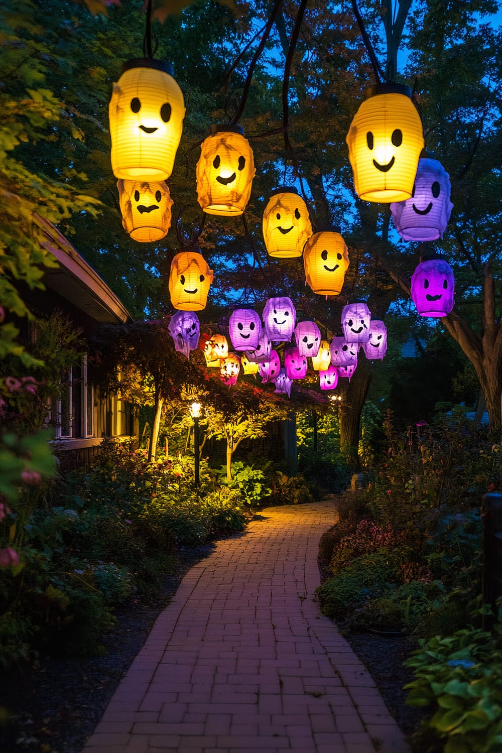 A whimsical Halloween display featuring a canopy of lanterns with ghostly faces in bright yellow and deep purple hues. The lanterns hang above a curving brick pathway, casting colorful lights and shadows on the ground. Surrounding the path are lush green plants and trees, with minimal landscaping that keeps attention on the vibrant lanterns against the dark night sky.