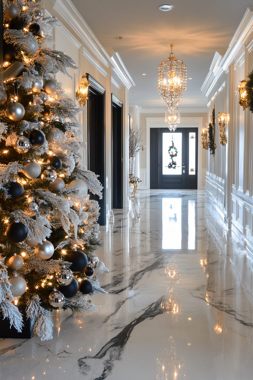 An elegant hallway decorated for Christmas in a 1920s glamorous style. A sleek vintage Christmas tree adorned with silver and black ornaments stands on the left, with ornate gold sconces on the walls casting a luxurious glow. The hallway features polished marble floors with a black-and-white swirl pattern, and crystal chandeliers hanging from the ceiling. A wreath is visible on the double doors at the far end of the hallway.