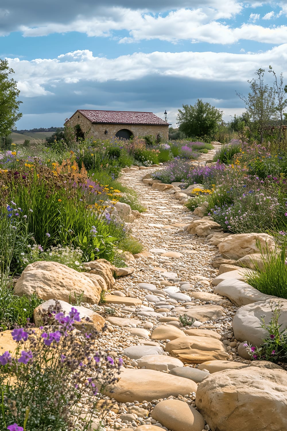 A picturesque garden path, constructed from irregularly shaped river rocks, winds its way through a vibrant wildflower bed of pastel-colored blooms. The garden is bathed in the soft, warm light of a late afternoon.