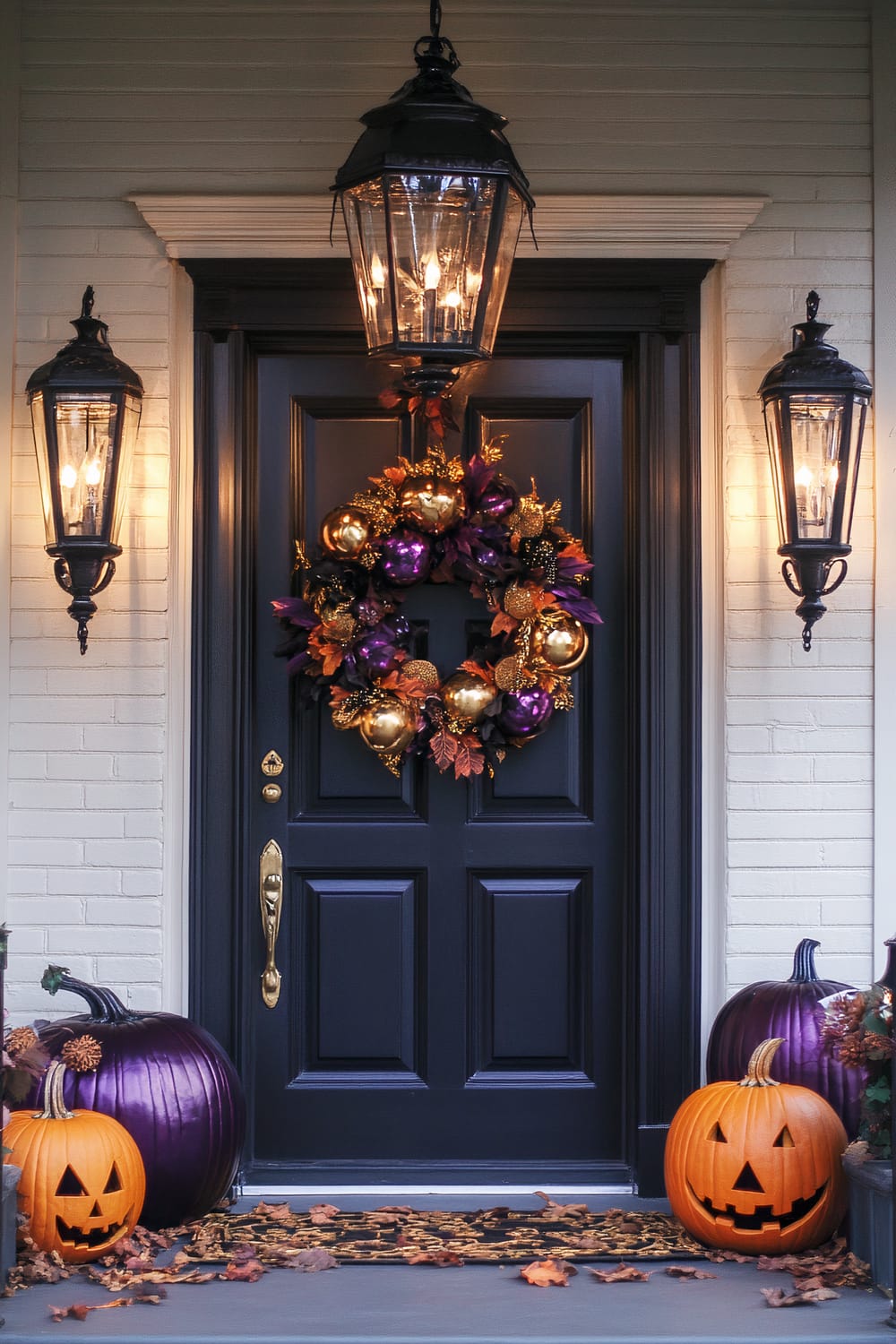 A festively decorated front door set against a white brick exterior. The door is a rich, dark shade adorned with a lush wreath made of purple, gold, and orange embellishments. Symmetrical black lanterns hang on either side, illuminating the scene with a warm glow. At the base of the door, two pumpkins—one painted purple and the other a traditional carved orange—sit on either side, along with scattered autumn leaves on the ground.