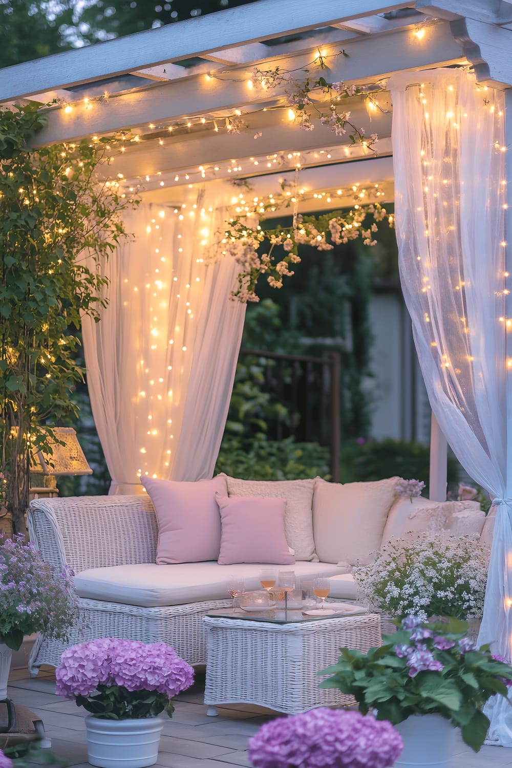 A beautiful outdoor setting featuring a pastel lavender pergola adorned with fairy lights and sheer white curtains. Underneath the pergola, there's a white wicker loveseat sporting soft pink cushions. The setup is enhanced by the presence of colorful potted hydrangeas and the dreamy glow of twilight.