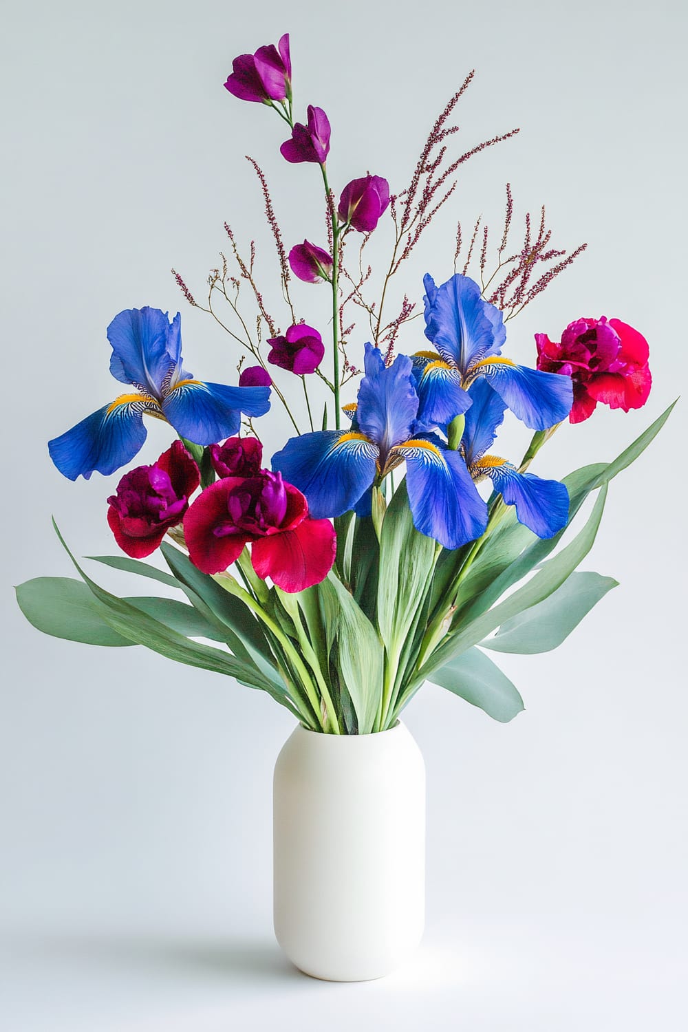 A bouquet of vibrant flowers in a white vase against a plain, light background. The arrangement includes blue irises, magenta peonies, and delicate pinkish-red sprigs, along with lush green leaves.