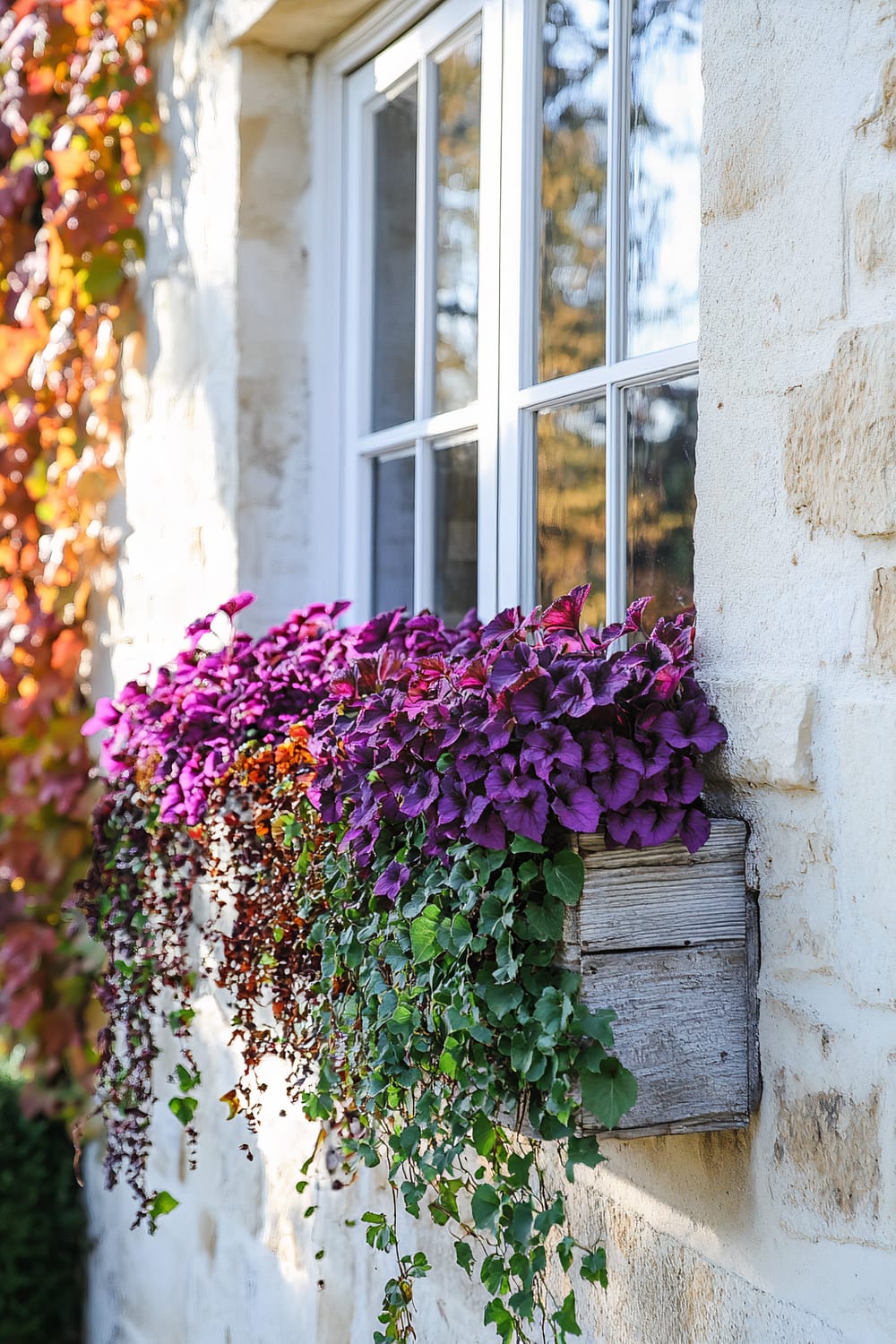 A rustic stone wall with a white-framed window adorned with a wooden flower box filled with vibrant purple and green foliage in front of the house. Vines with red and orange leaves cling to the wall on the left side, adding a touch of autumn colors.