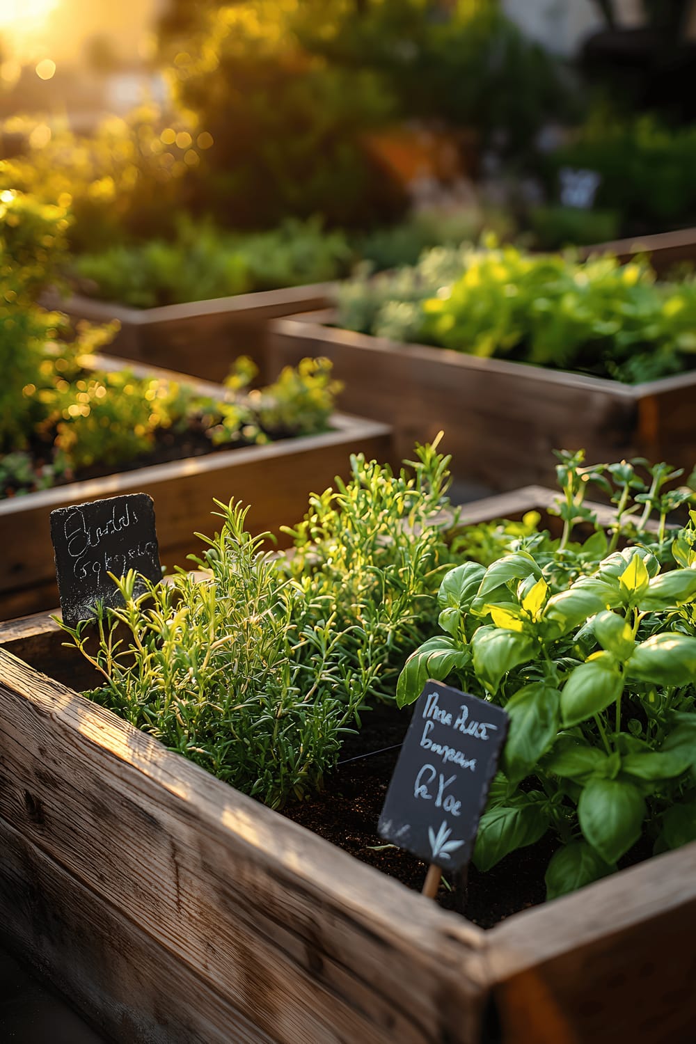 A rustic herb garden in the soft golden morning light, which features raised wooden planters filled with neat rows of various herbs like basil, rosemary, and thyme. Each planter is labeled with small slate markers, the names of the herbs handwritten in white chalk.