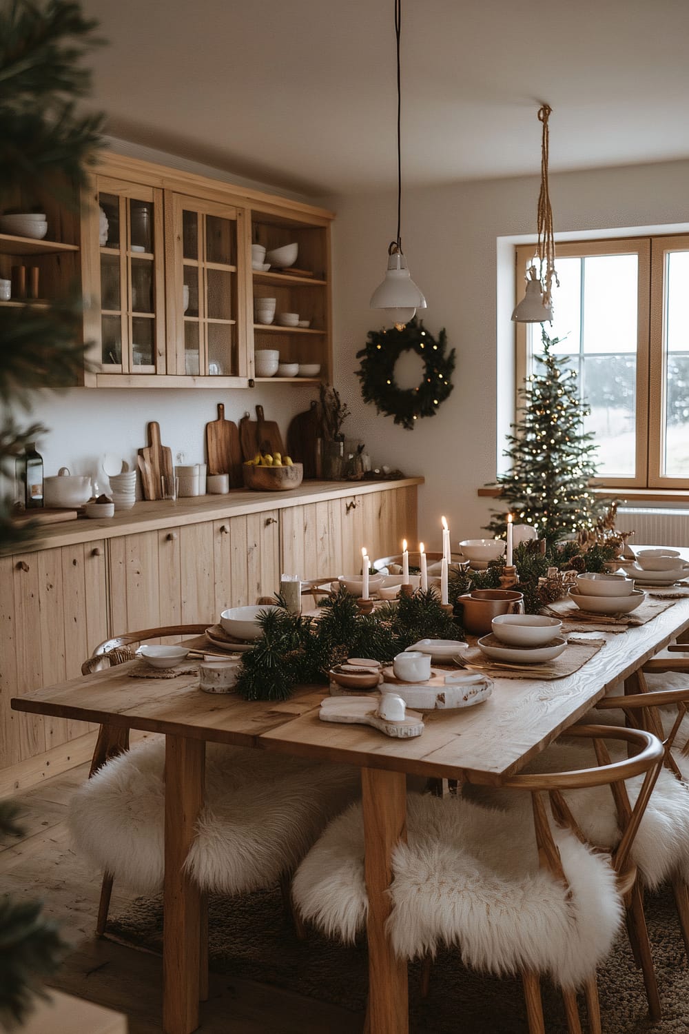 This image depicts a warmly decorated dining area with a rustic, festive theme. A wooden dining table set with white plates, bowls, and candles is adorned with greenery and pine cones, exuding a holiday atmosphere. The chairs have fluffy white covers, adding to the snug feeling. A wooden sideboard with matching cabinets houses various kitchen items and cutting boards. A Christmas tree and a wreath with lights enhance the holiday spirit, while pendant lights hang from the ceiling, creating a cozy ambiance.