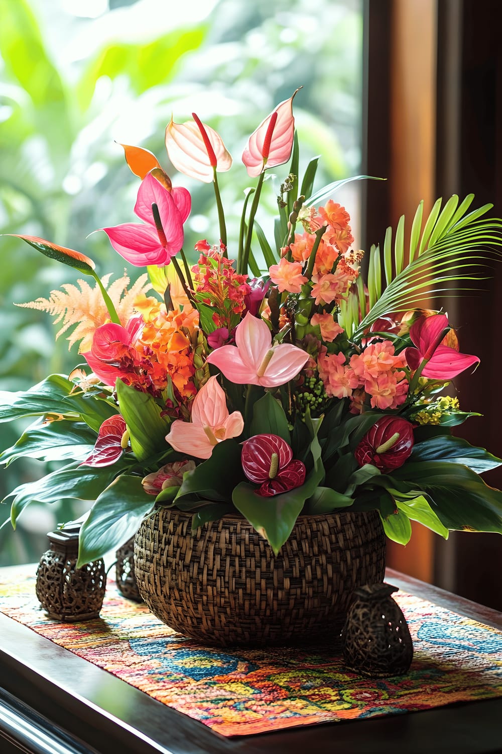 A kitchen table centerpiece influenced by Balinese culture features a bamboo basket filled with vibrant orchids, heliconias, and anthuriums, flanked by wooden figurines and bamboo lanterns. The basket sits on a dark wooden tray atop a colorfully patterned batik runner. Dappled sunlight streaming through the windows generates focused shadows and emphasizes the tropical hues of the flowers and surrounding decor.