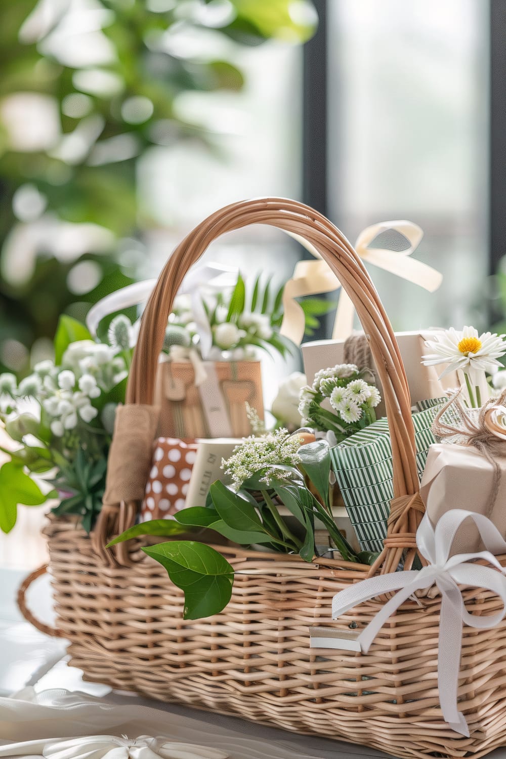 A close-up image of a wicker basket filled with assorted gift-wrapped packages and fresh white flowers. The basket has a woven handle and is adorned with ribbons. The gifts are wrapped in various materials, including paper with a polka-dot pattern and striped designs. In the background, there are soft green foliage and blurred window panes, indicating a bright and airy indoor setting.