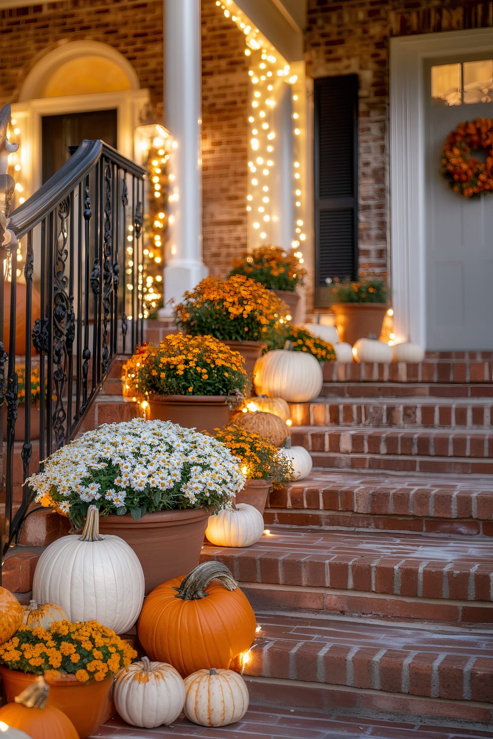 A staircase leading to a front door is beautifully decorated for autumn with an array of pumpkins in shades of orange and white. Pots filled with vibrant orange and white flowers line the steps. Twinkling string lights wrap around the staircase railing and door frame, adding a warm, inviting glow. A seasonal wreath adorns the door.