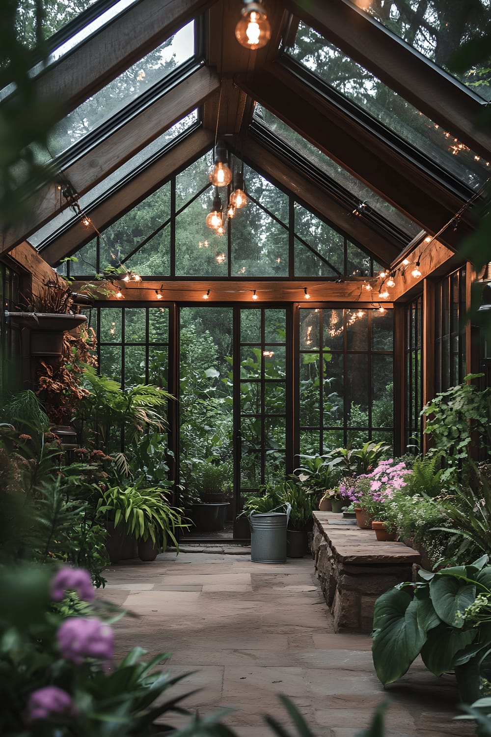 A large modern greenhouse filled with lush greenery and characterized by its glass walls stretching from floor to ceiling. Wooden beams horizontally span the greenhouse, supporting warm LED string lights suspended across the space. A profuse indoor jungle of various ferns and tropical plants create a verdant backdrop. In the forefront, a vintage metal watering can lies adjacent to a stone bench.