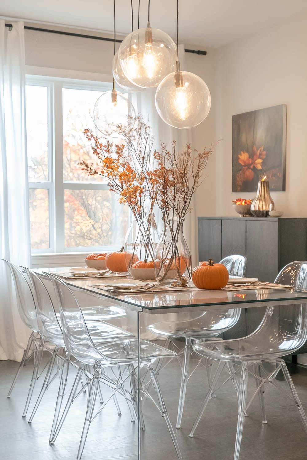 A contemporary dining room featuring a large glass-top table decorated with pumpkins and autumnal branches in clear vases. Transparent plastic chairs surround the table. Above, three hanging glass globe pendant lights illuminate the space. A sideboard with autumn-themed decor sits against the wall, along with a matching autumnal painting.