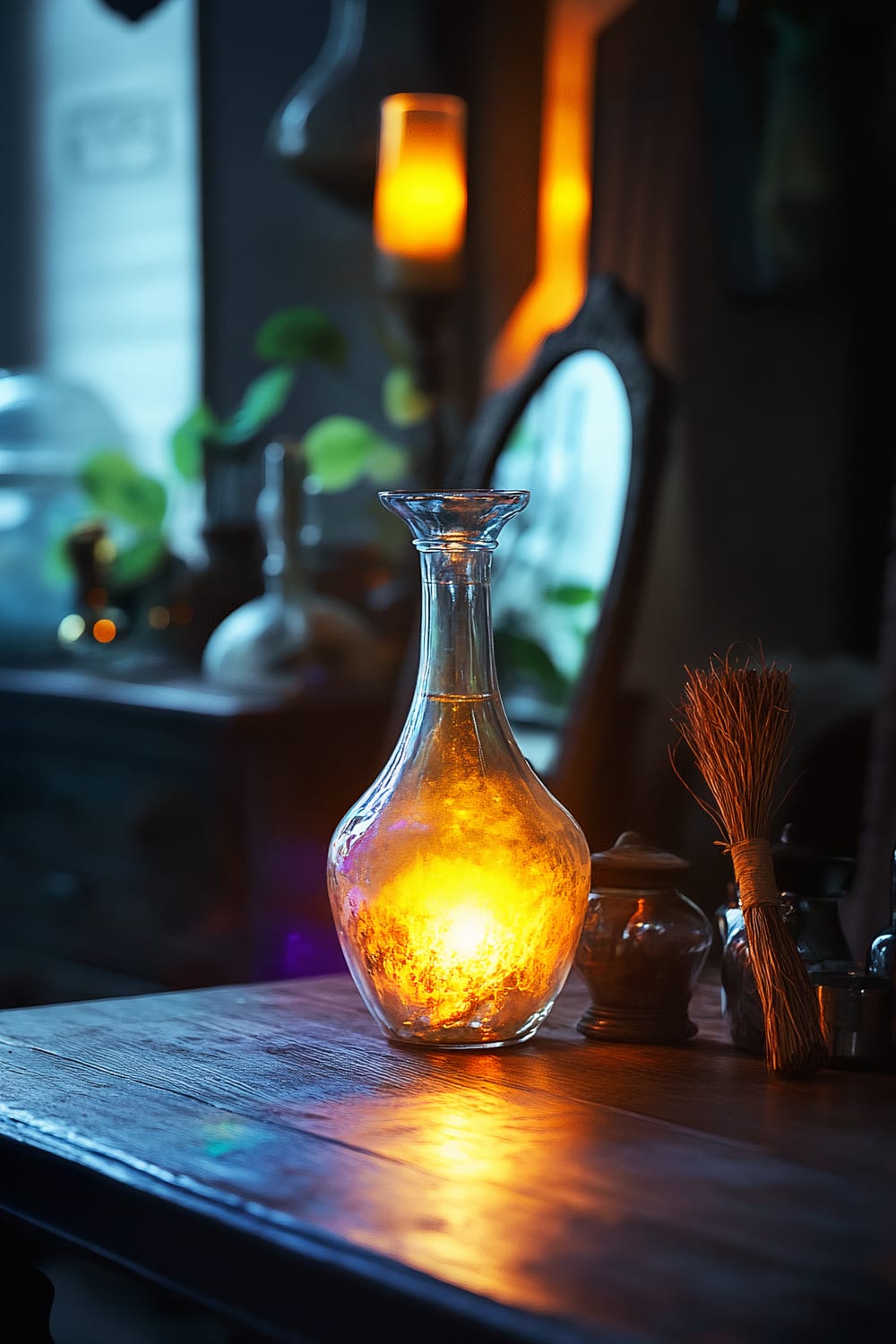 A glowing potion bottle on a wooden dining table, accompanied by an ornate mirror and a rustic witch’s broom in a dimly lit room.