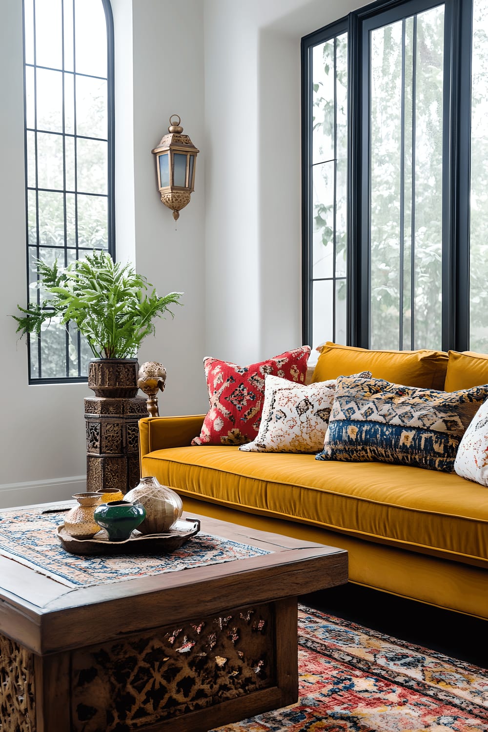 A small, exotic living room effusing Moroccan aesthetics with a plush, mustard-colored velvet sofa embellished with ornate, patterned throw pillows. The space is centered around a handwoven kilim rug with pulsating colors and a hand-carved wooden coffee table delivering artisanal appeal. Brass lanterns with colored glass cast a warm, ambient glow, and natural light streams in from large windows adorned with decorative metal screens.