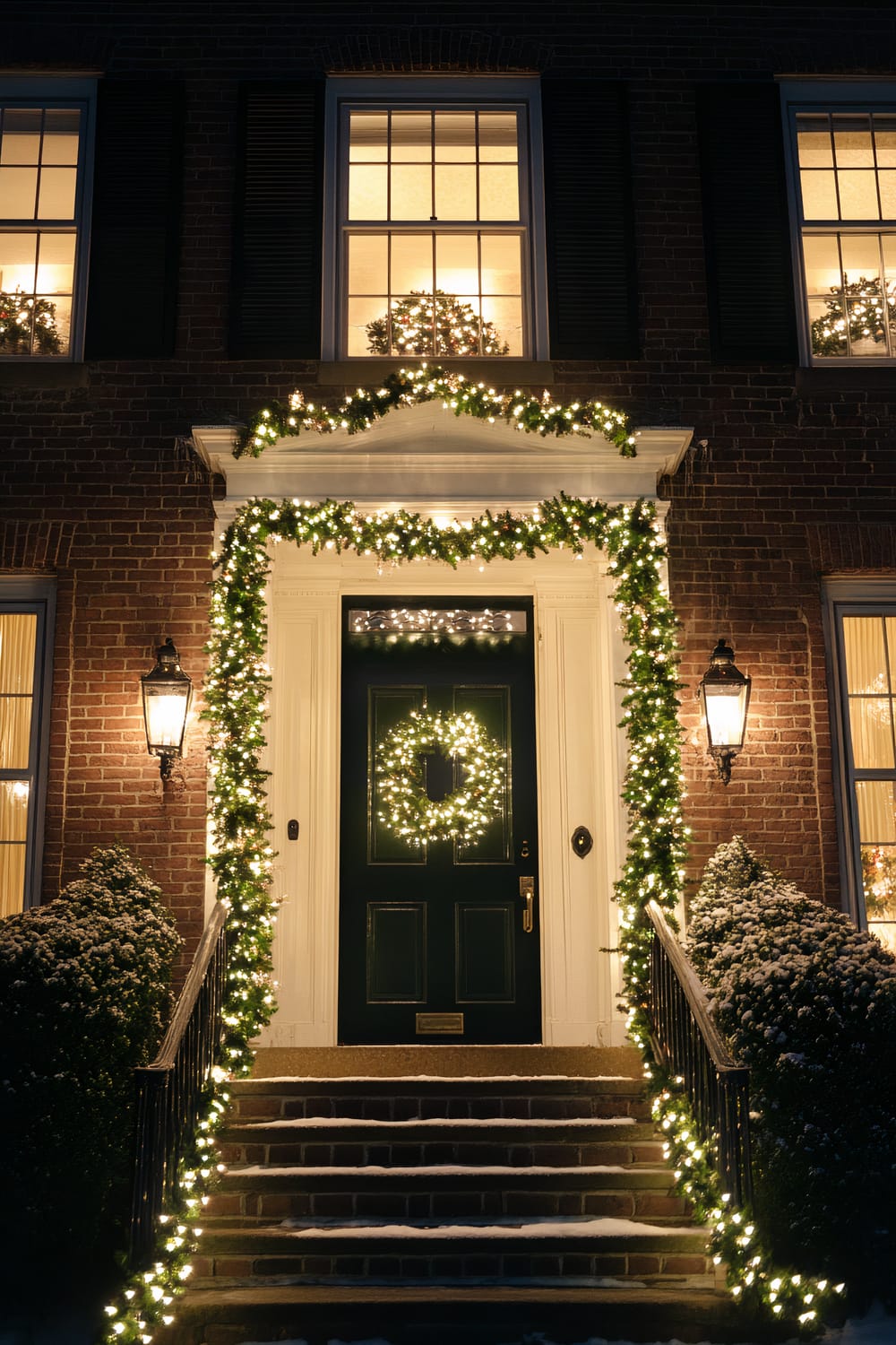 An elegant Colonial house decorated with green and white Christmas lights. The house features a deep green door adorned with a lit wreath, framed by a white portico draped in garlands. Large windows on either side of the door and above it each showcase festive wreaths. Snow-covered steps and bushes add to the festive winter scene.