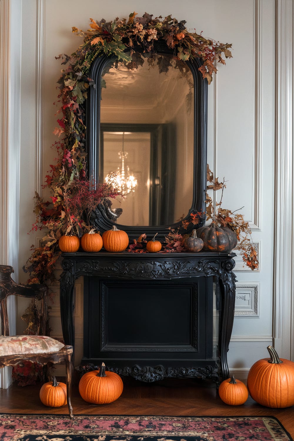 A stately black mirror adorned with autumnal leaves and small ornamental pumpkins sits atop a carved black wooden mantle. Various sized orange pumpkins are arranged on and around the mantle, adding a festive fall touch to the elegant interior space. The paneled white walls and ornate patterns in the room create a sophisticated backdrop, while a chandelier glows softly in the background.