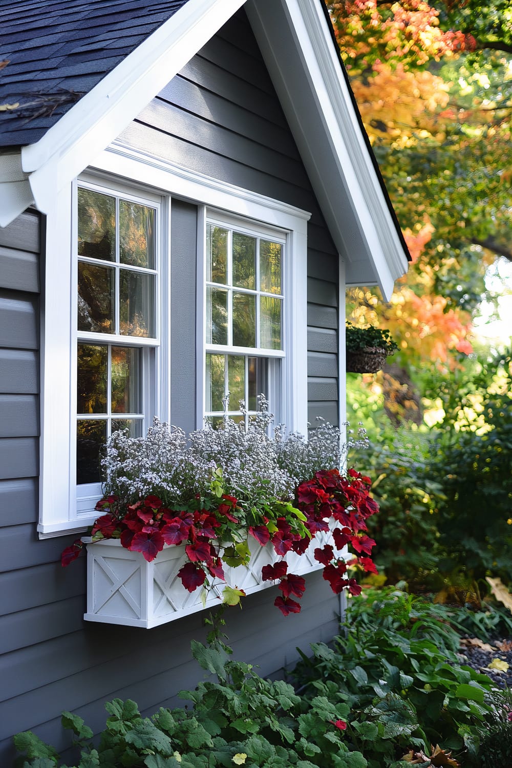 The image portrays a charming exterior of a house with dark gray siding and a double-pane window with white trim. Below the window is a white planter box filled with vibrant red flowers and delicate white blooms. The scene is set against a backdrop of autumn foliage in hues of green, yellow, and orange.