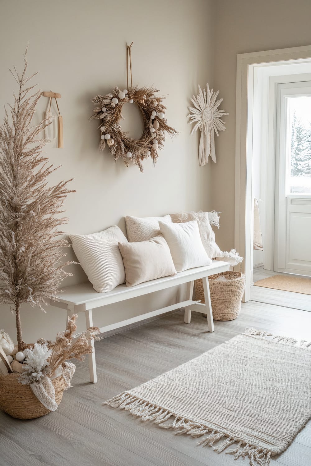 The image presents a serene and rustic entryway with a minimalist design. A white wooden bench adorned with an assortment of light beige and white pillows is positioned against the wall. Above the bench, a decorative wreath crafted from natural elements, such as dried grasses and white baubles, hangs elegantly. A unique wall hanging resembling a sunburst adds an artistic flair. On the left, a tall, dried plant sits in a woven basket, enhancing the natural aesthetic. The smooth, light gray flooring complements a small, fringed off-white rug in front of the bench. In the background, a door reveals an exterior winter scene, enhancing the cozy interior contrast with the cold outside.