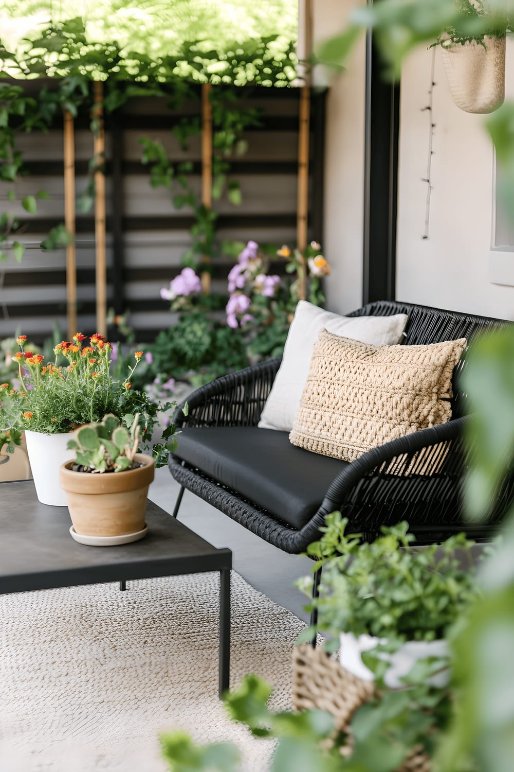 A minimalist modern outdoor space featuring a sleek black rattan chair adorned with neutral-toned cushions, surrounded by a variety of plants in monochrome and terracotta pots. A low-profile coffee table, holding a single modern planter, is at the center, all on a neutral outdoor rug.