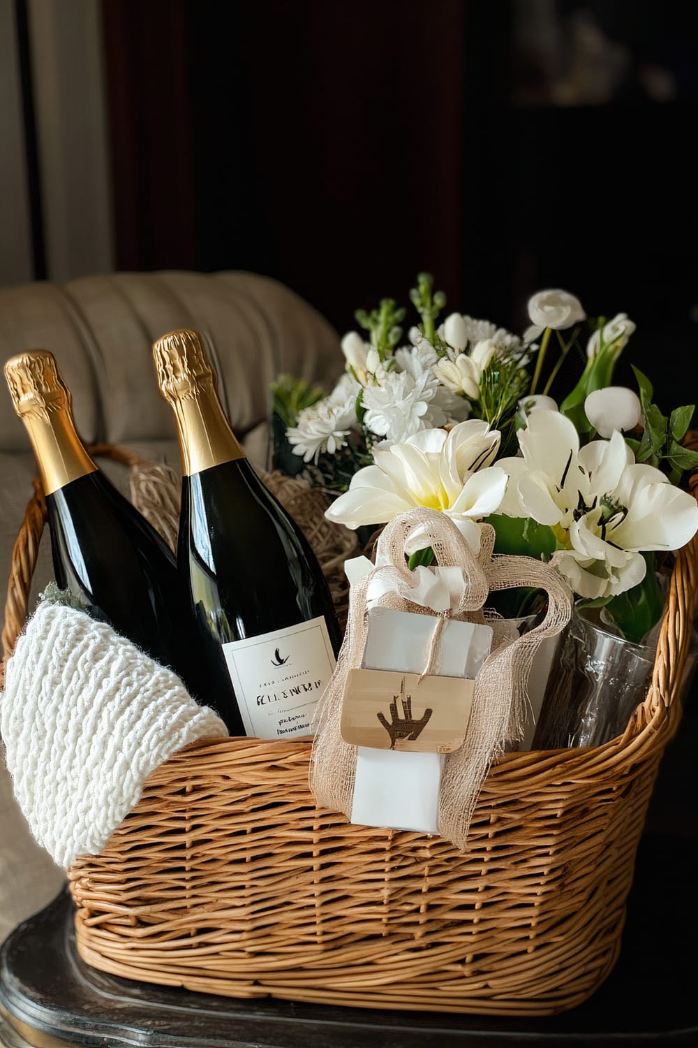 A wicker basket filled with two bottles of champagne, a knitted white blanket, a bouquet of white flowers, and a pair of clear glasses. The champagne bottles have golden foil wrapping on the neck. The flowers include white lilies and smaller white blossoms. The glasses are wrapped in a burlap ribbon and have a white and brown tag attached to them. The basket is set on a dark, round table next to a cushioned chair.