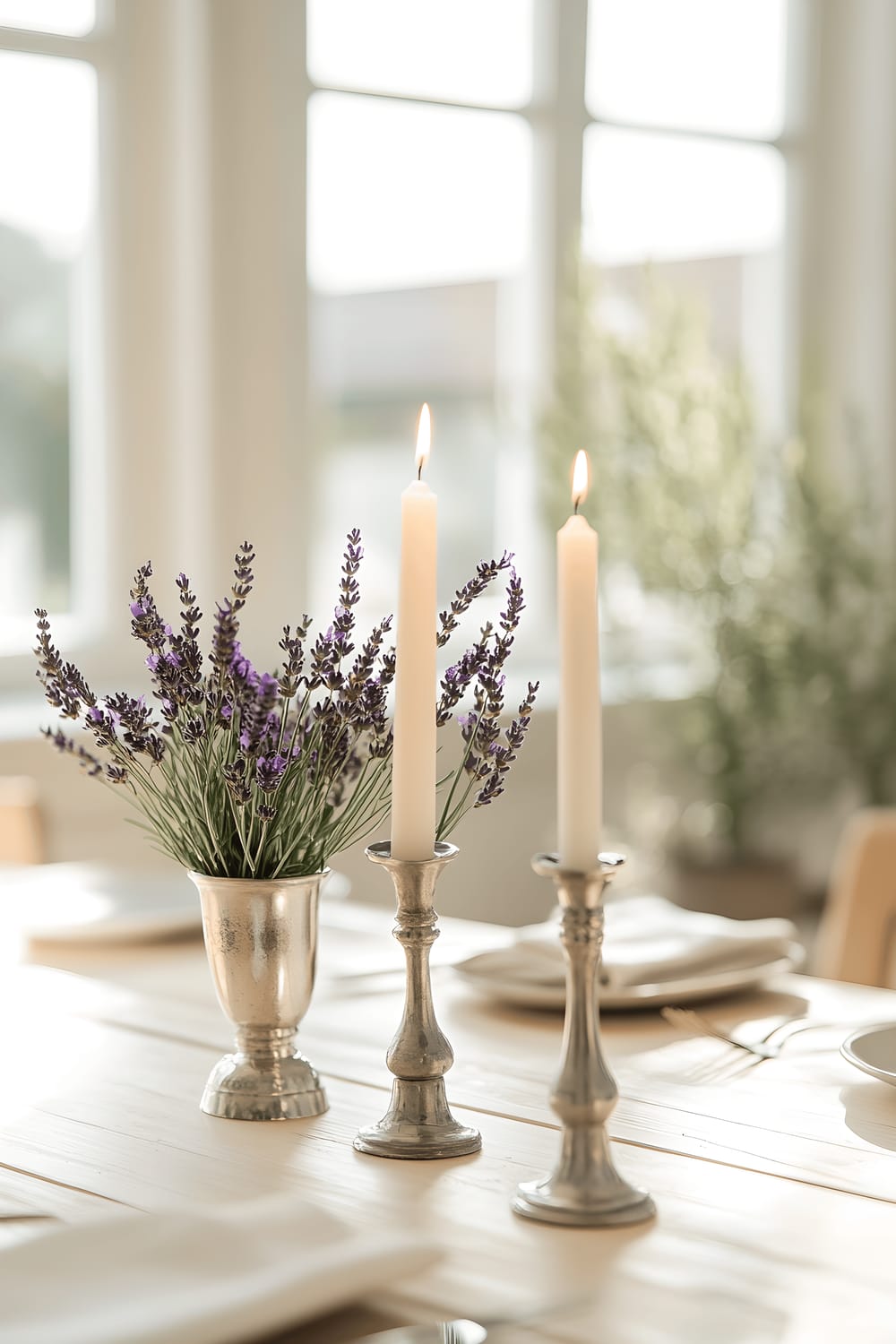 A minimalist shot of a table centerpiece featuring symmetrically arranged pewter candle holders, holding delicate lavender sprigs. The austerity of the pewter contrasts with the soft hues of purple lavender, underneath the diffused glow of natural light cascading through large windows. The tableau sits atop a light birch table, nestled in a Scandinavian-inspired home.