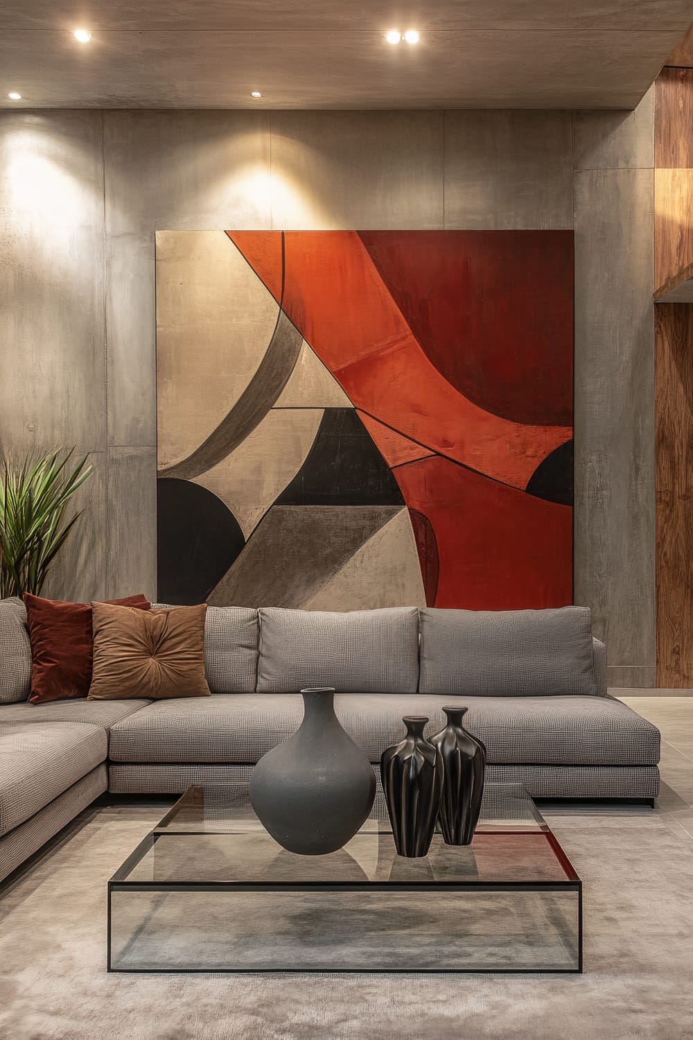 A contemporary pole barn loft featuring a sleek grey sectional sofa, a minimalist glass coffee table with two sculptural vases, a large abstract mural on the wall, and modern pendant lights. Bold neutral colors and strong lighting create an uncluttered, elegant space.